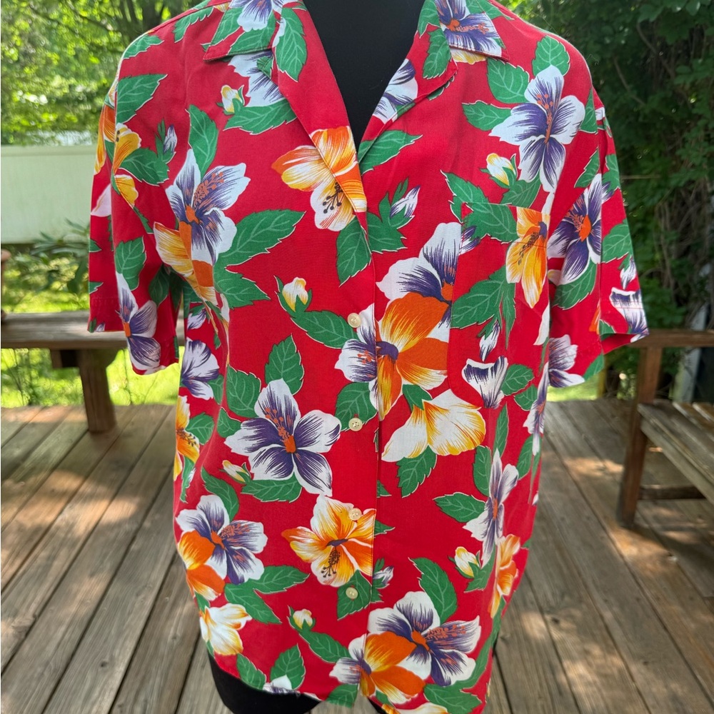 Vintage GAP Red Hibiscus Floral Hawaiian Shirt‎ Rayon Mens S / Womens M